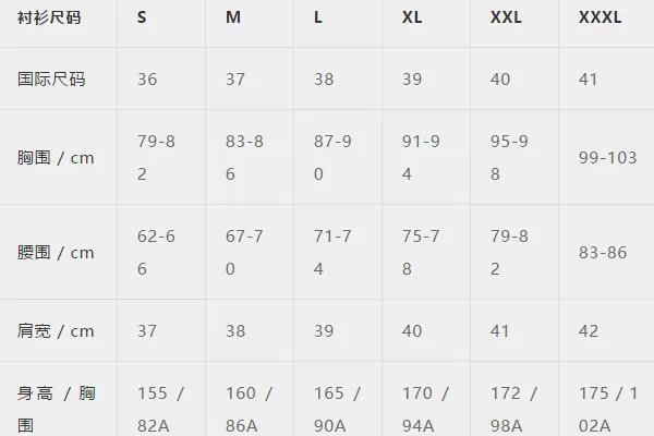 170衣服尺寸对照表