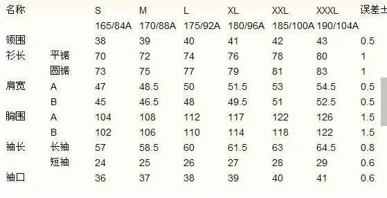 170衣服尺寸对照表