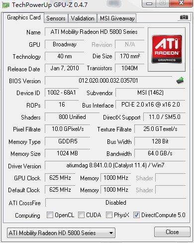 求笔记本显卡HD5870M的详细参数