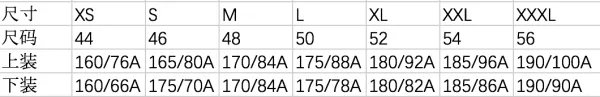 170衣服尺寸对照表