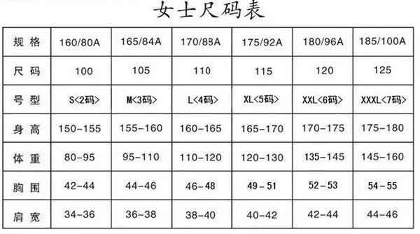 170衣服尺寸对照表
