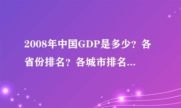 2008年中国GDP是多少？各省份排名？各城市排名？感谢大家！