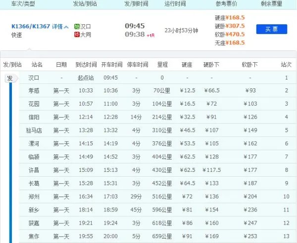 k1366的列车时刻表