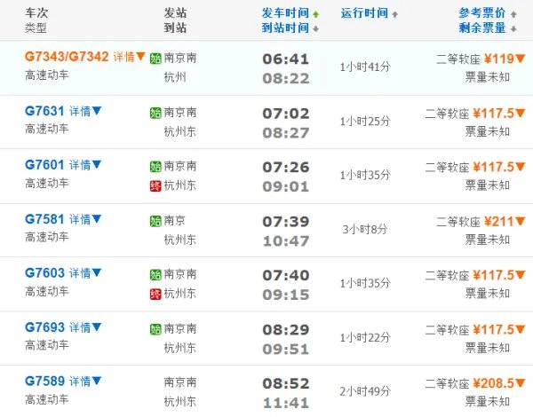 南京到杭州高铁时刻表