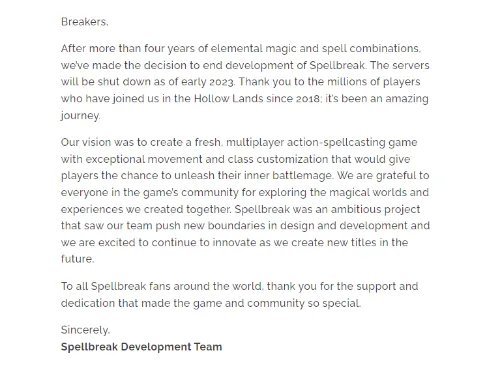 魔法吃鸡游戏《Spellbreak》终止后续开发 明年停服