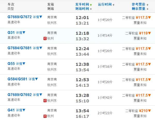 南京到杭州高铁时刻表