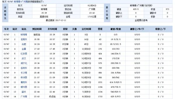 高铁G1747次沿途有那些站停车