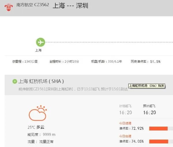 南方航空cz3562有没有晚点?